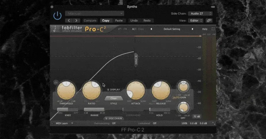 Pro-C showing 2:1 ratio with medium attack and release settings