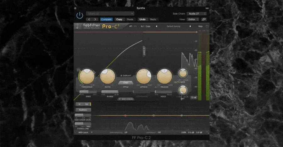 Pro-C threshold reduced showing 3dB gain reduction during vocal