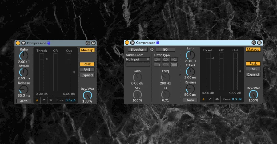 Ableton Live compressor with sidechain menu expanded