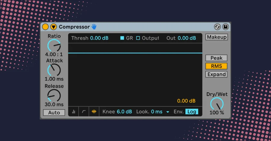 Ableton Compressor plugin interface showing threshold, ratio, attack, release, and sidechain controls