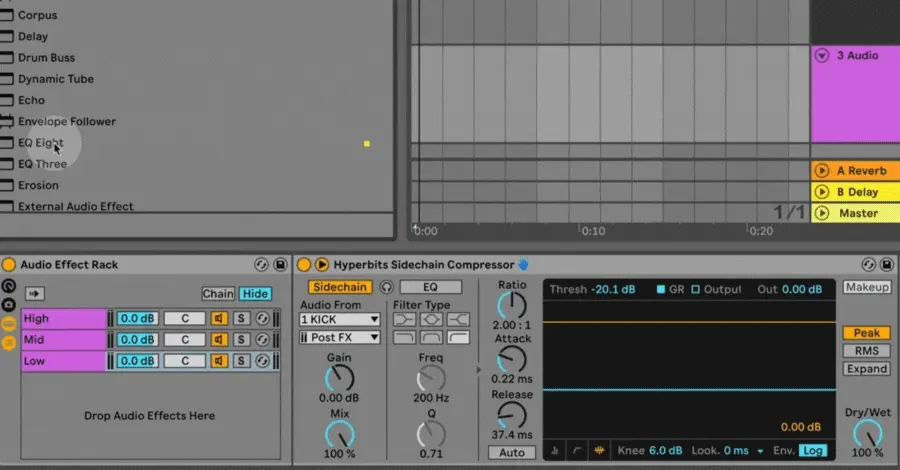 Adding an EQ Eight plugin to each chain in the Ableton audio effect rack