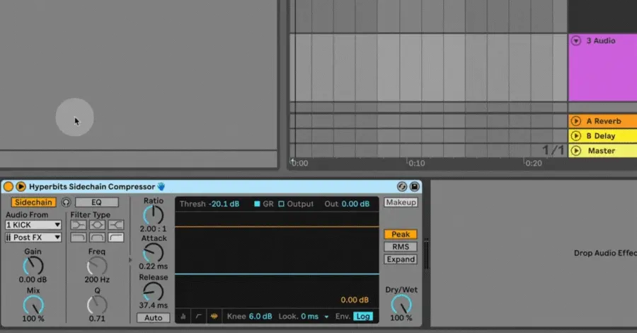 Grouping the Ableton compressor into an audio effect rack and opening the chain list