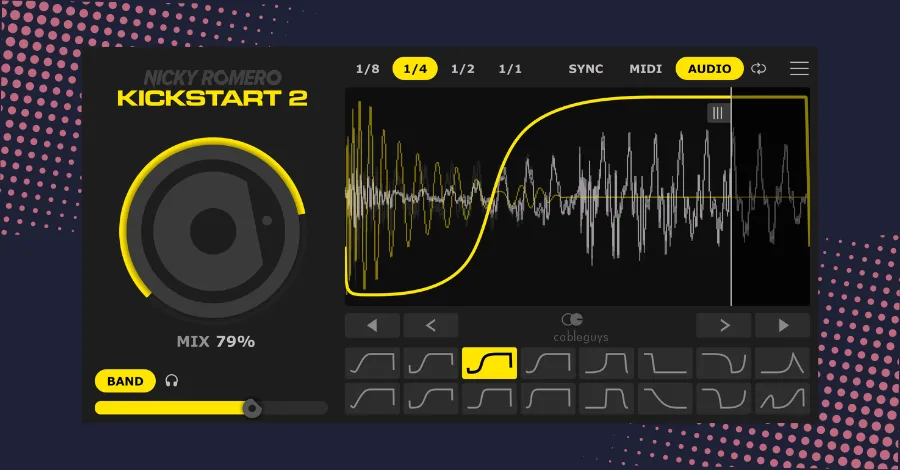 Nicky Romero Kickstart 2 plugin interface showing sidechain curve waveform and mix knob