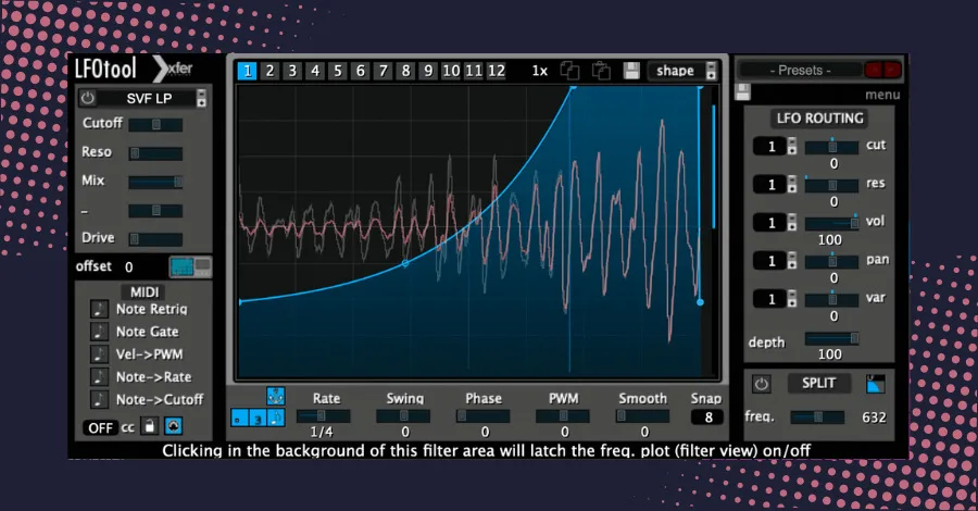 Xfer Records LFOTool plugin interface showing customizable LFO waveform for sidechain and tremolo effects