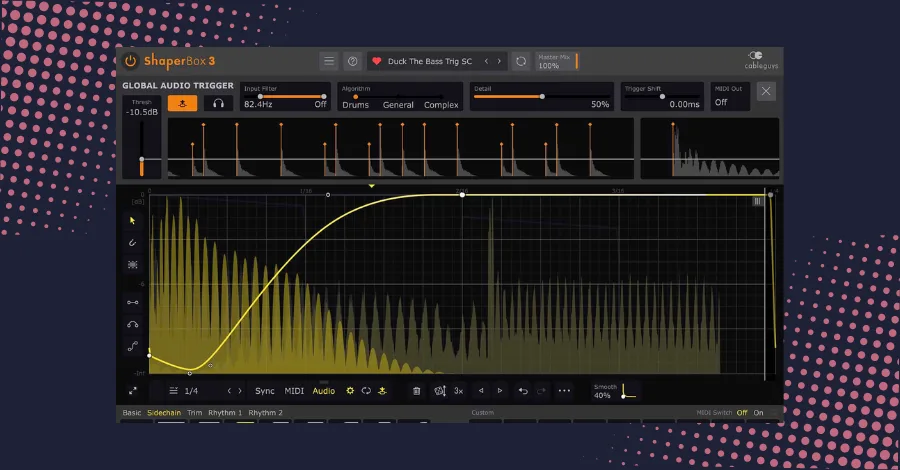 Cableguys Shaperbox plugin interface showing volume shaper waveform and sidechain controls