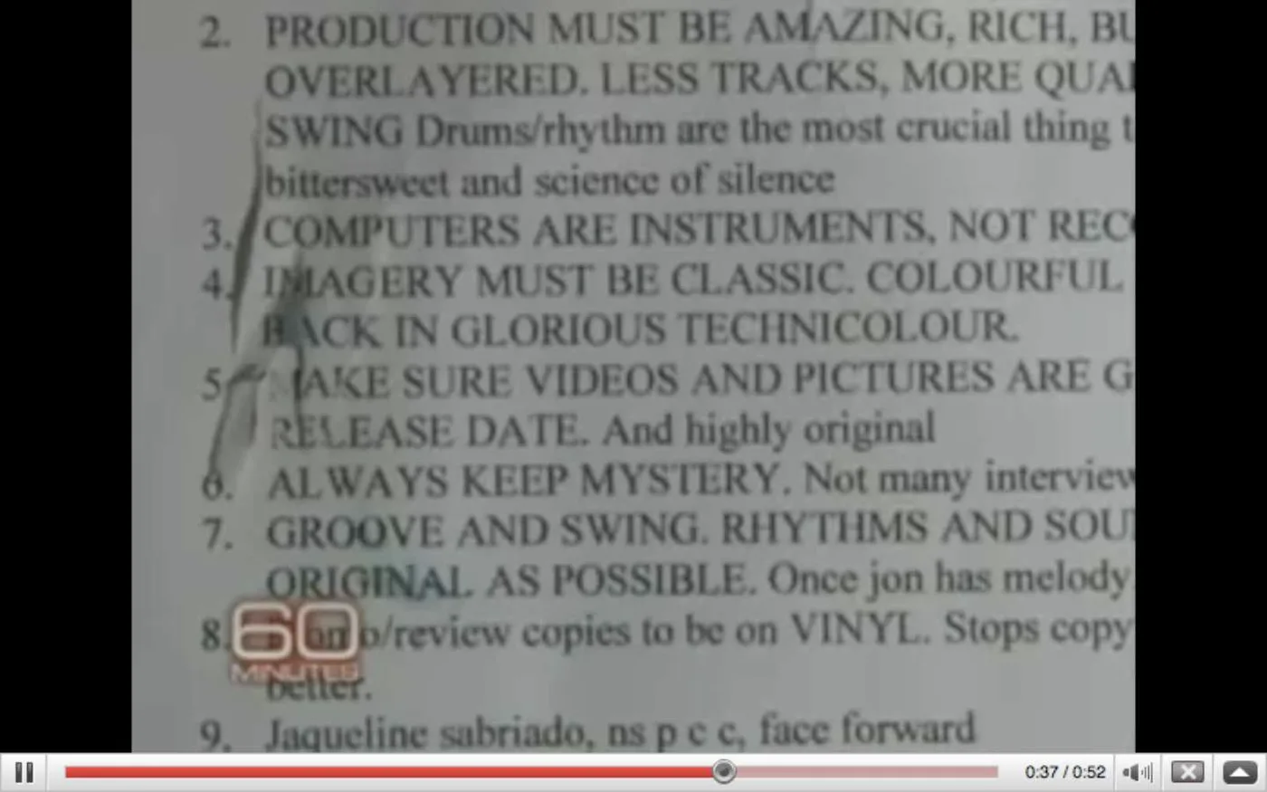 Coldplay's handwritten studio recording rules board, emphasizing drums and rhythm as the most crucial element