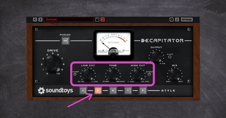 Decapitator annotated settings showing T model and Drive knob for drum bus processing