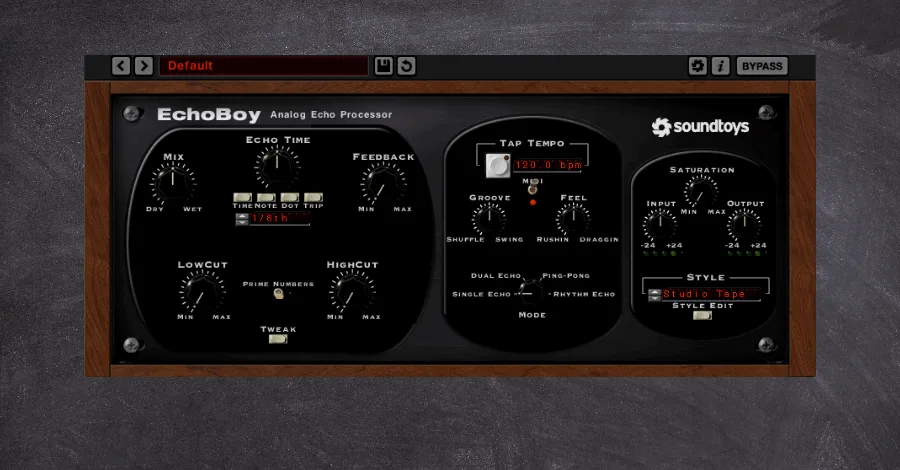 Echoboy delay plugin interface with 30 style modes