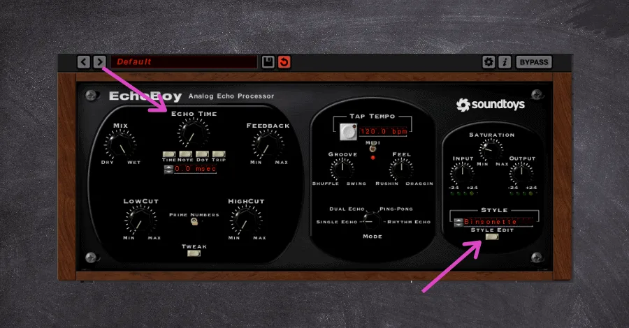 Echoboy annotated controls showing Style menu and delay time set to 0ms for tone coloring