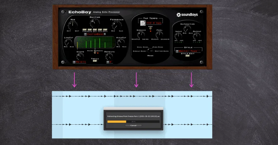 Echoboy DAW routing showing rhythm delay setup with Accent, Groove, and Feel parameters