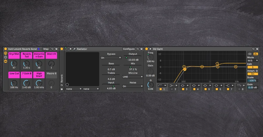 Radiator DAW view showing EQ and tube amp settings
