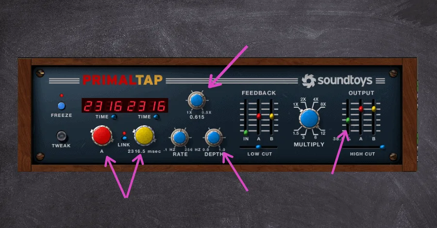 PrimalTap annotated controls for Modulate, Time, and VCO settings