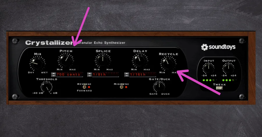 Crystallizer annotated controls showing Pitch, Splice, Recycle, and Smoothing parameters