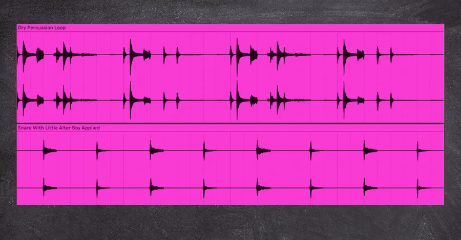 Little Plate on snare channel showing waveform before and after processing