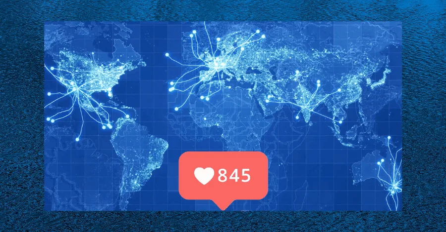 World map of social connections with a heart notification badge showing 845 likes