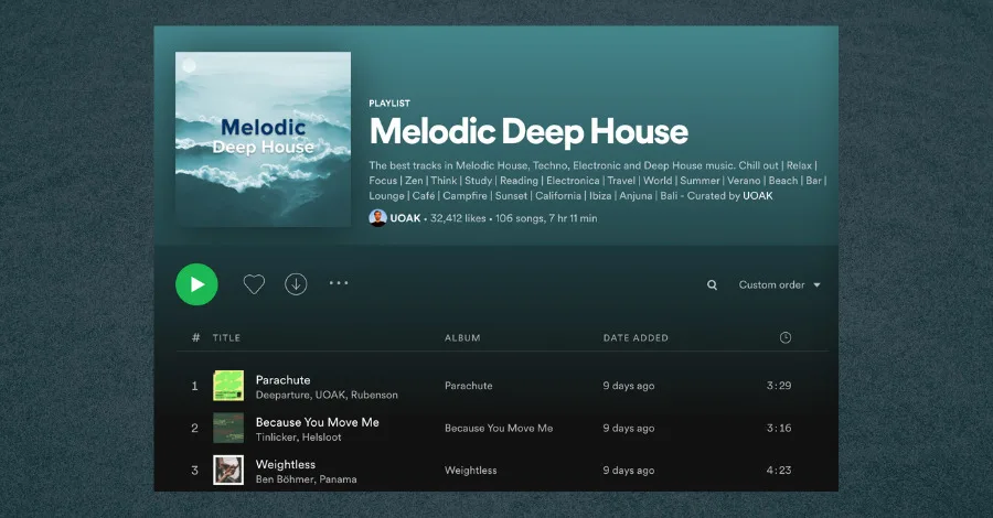 Spotify user-curated playlist example from UOAK with follower count