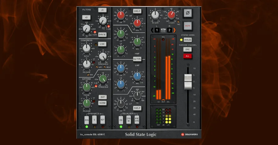 Brainworx bx_console 4000 E plugin showing full SSL channel strip with harmonic distortion controls