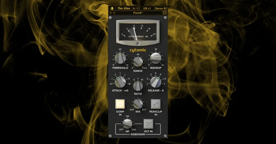 Cytomic The Glue SSL-style bus compressor plugin interface with ratio and attack controls