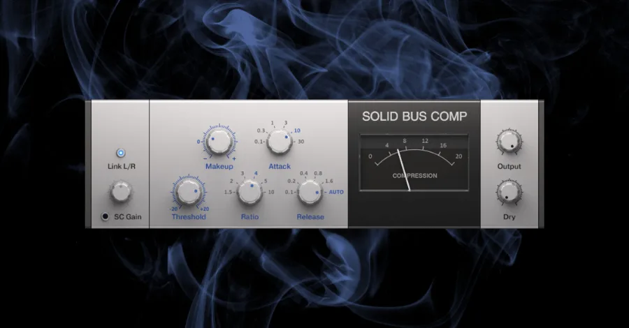 Native Instruments Solid Bus Comp plugin interface showing clean glue compressor with wet/dry control