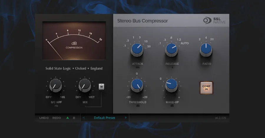 SSL Native Bus Compressor plugin designed by Solid State Logic engineers, showing master bus controls