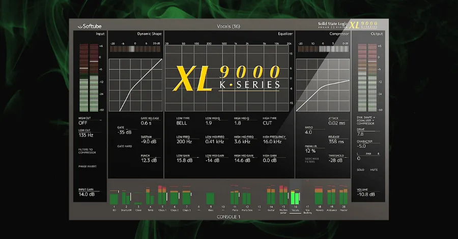 Solid State Logic XL 9000 K-Series plugin showing channel strip with peak and RMS detection options