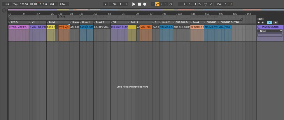 Ableton Live arrangement view with reference track and section markers