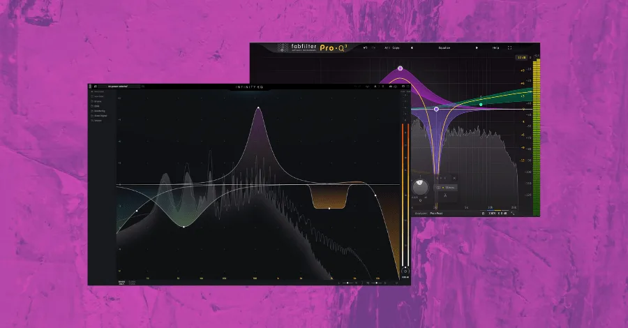 FabFilter Pro-Q and Slate Infinity EQ both showing mid-side processing mode enabled
