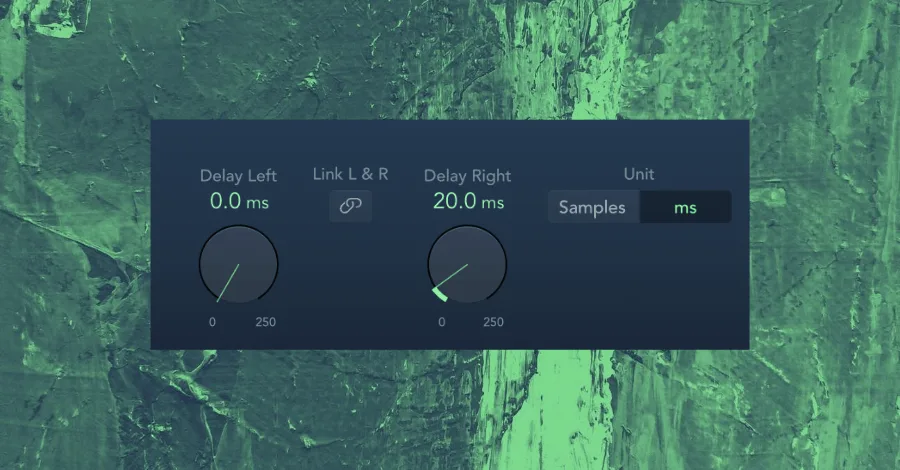 Sample delay plugin showing L/R channel delay settings for the Haas effect