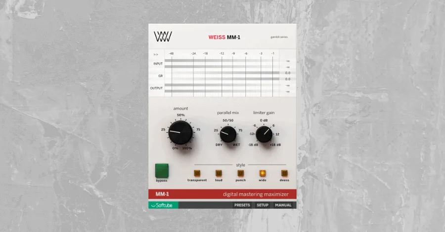 Softube Weiss MM-1 Maximizer plugin interface with width and limiter controls