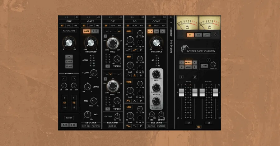Waves Scheps Omni Channel strip showing mid-side compression and EQ modules