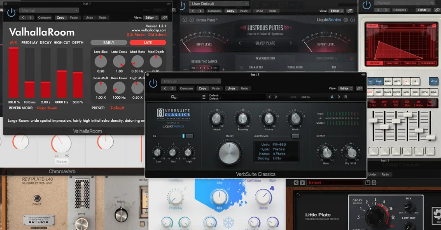 Reverb plugin interface showing stereo width and early reflections controls