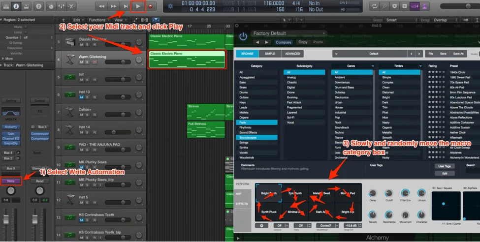 Alchemy track set to Write automation mode with macro X/Y pad being recorded