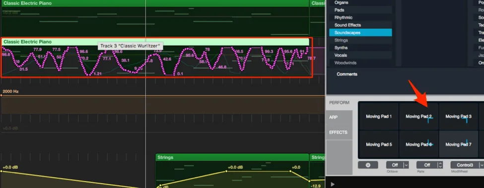 Alchemy automation lanes in Logic showing X and Y axis macro movement recorded in the MIDI region