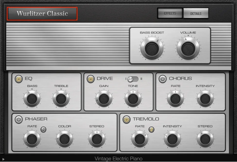 Logic Pro Vintage Electric Piano instrument interface showing Wurlitzer Classic model selected