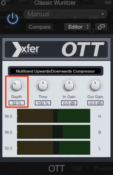 OTT compressor plugin with moderate depth setting applied to Vintage Electric Piano channel