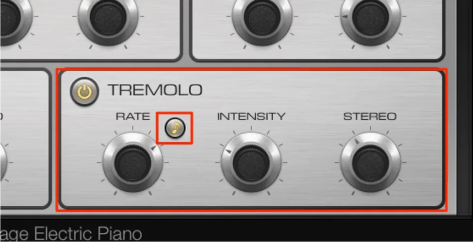 Vintage Electric Piano tremolo section with note-sync mode enabled and rate set to 1/16th note