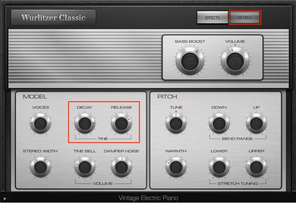 Vintage Electric Piano Details section with Decay and Release parameters extended for longer sustain