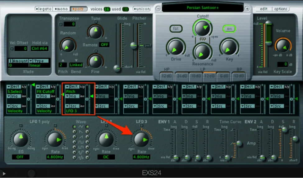 EXS24 sampler in Logic Pro with LFO assigned to pitch for a vibrato effect on a sustained string patch