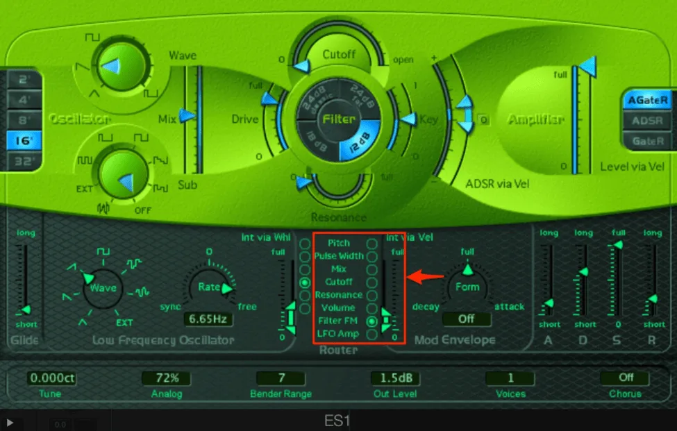 ES1 Router column with radio buttons and vertical arrows for Mod Envelope assignment