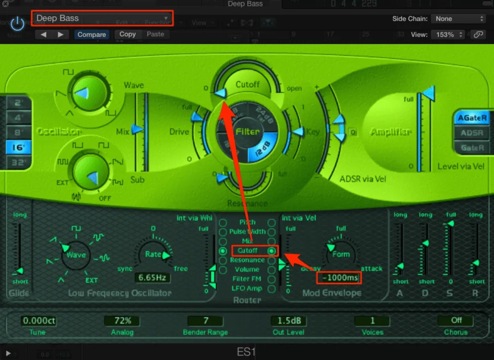 ES1 Deep Bass preset with Mod Envelope and Router controls configured for bass design