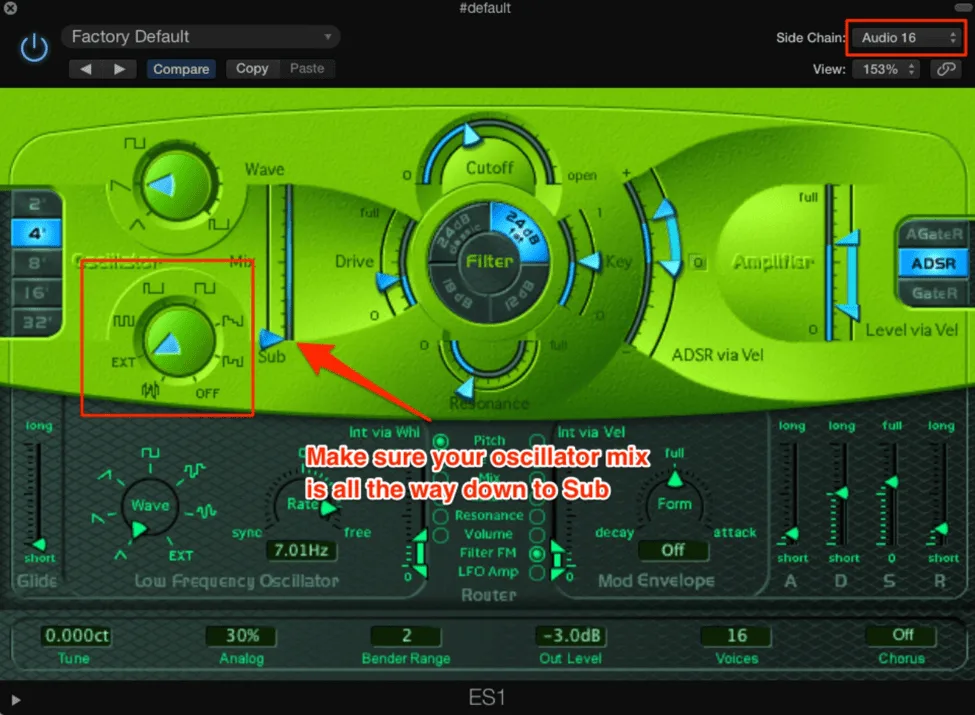 ES1 with EXT selected as sub oscillator waveform and Side Chain routing configured