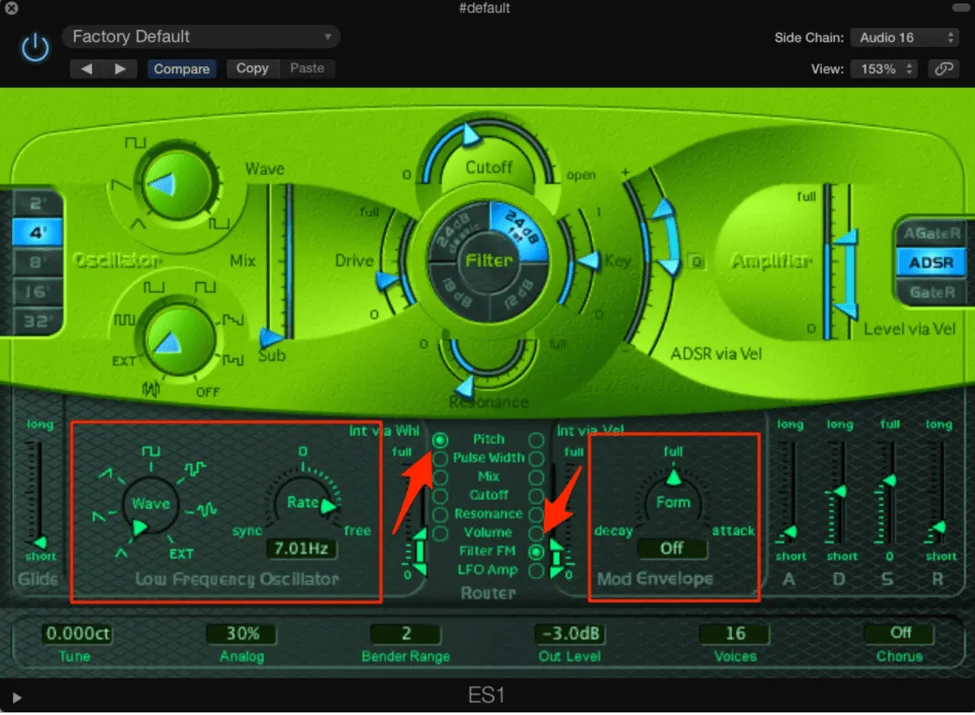 ES1 processing an external audio signal via sidechain with LFO and ADSR controls active
