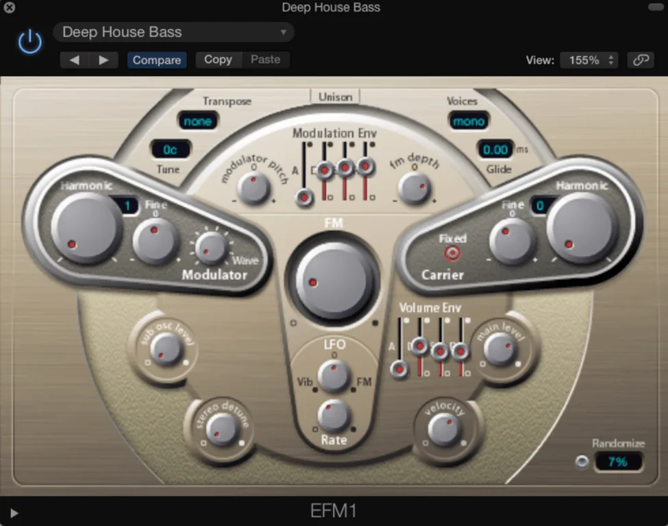 EFM1 FM synthesizer interface in Logic Pro showing carrier and modulator controls
