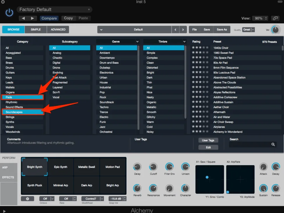 Alchemy synthesizer main interface in Logic Pro showing the four source sections and macro controls