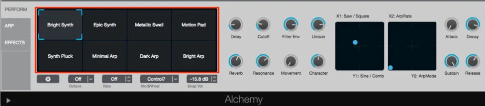 Alchemy preset browser showing category and genre tag filtering system