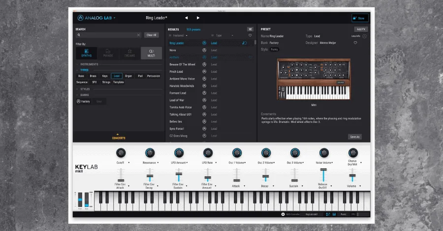 Arturia Analog Lab interface showing preset browser and macro controls
