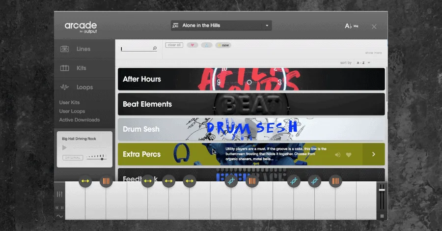 Arcade by Output loop synthesizer interface showing sample playground and macro controls
