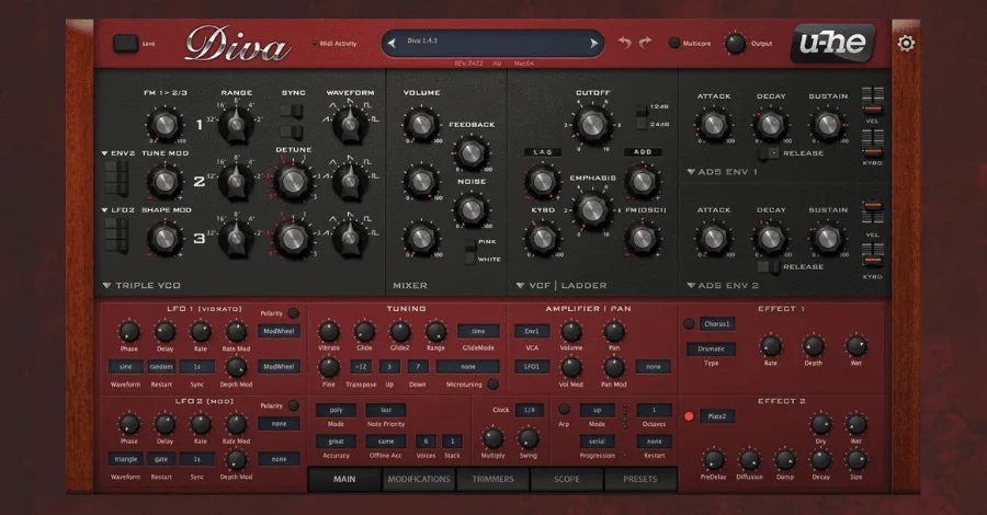Diva analog synthesizer emulation interface showing oscillator and filter bank controls