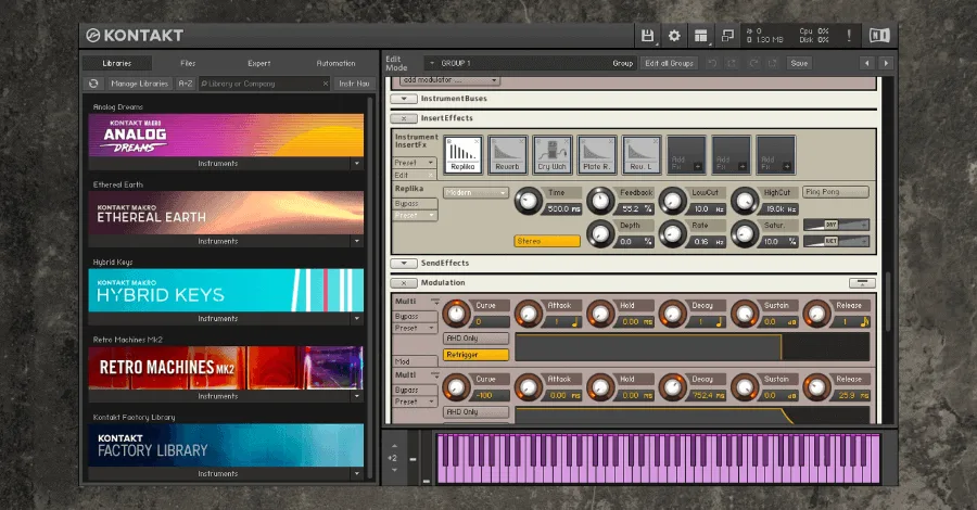 Kontakt sampler interface showing the built-in library browser and sample engine