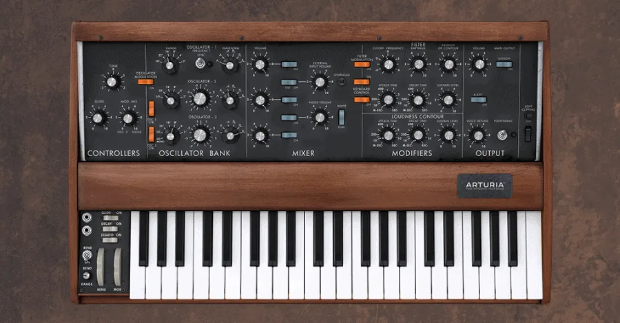 Arturia Mini V Moog Minimoog emulation interface showing three oscillators and classic ladder filter